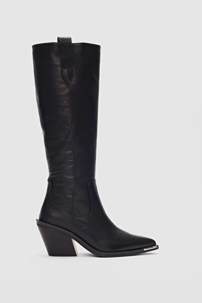 selin shoes Avyssa Hakiki Deri Kısa Fermuarlı Sivri Burun Kadın Çizme- SİYAH
