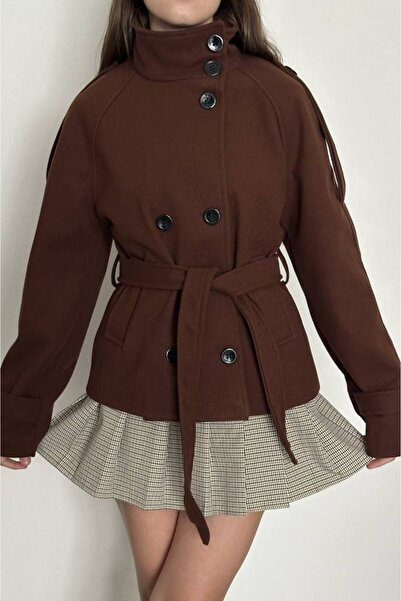 gm giyimarket Women's Belted Pocketed Tie-Detail Mock Neck Melton Coat