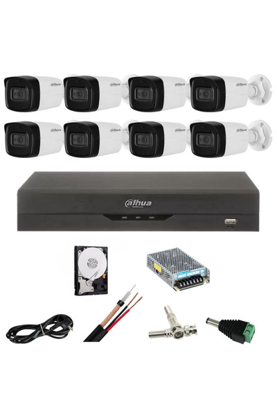 DAHUA kit de supraveghere — 8 camere 5MP, IR 80m, DVR 8 canale, HDD 2TB, accesorii
