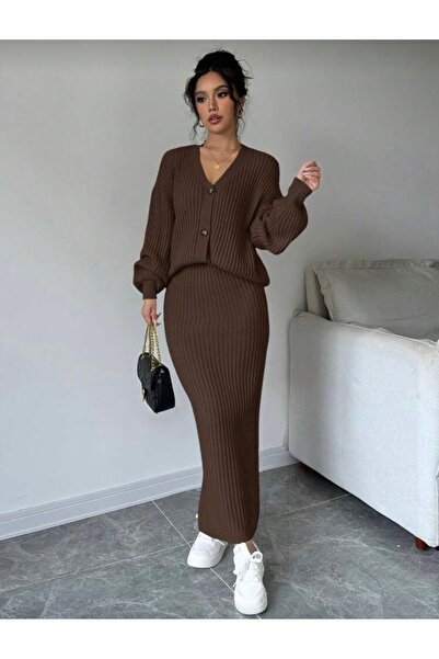 NEWCO Γυναικείο Καφέ Πλεκτό Σετ Ζακέτα και Μακριά Μίντι Φούστα Δύο Τεμάχια