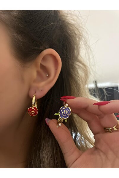 MyladyAccessoriess Gül Ve İnci Detay Premium Halka Küpe Kırmızı