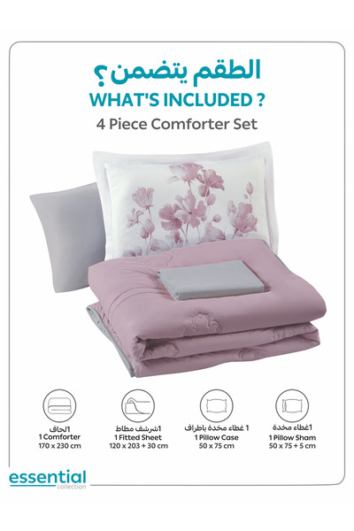 Donetella 4-Piece Comforter Set – Single Size 170x230 cm, Microfiber, Digital Quilted 350 Gsm Filling