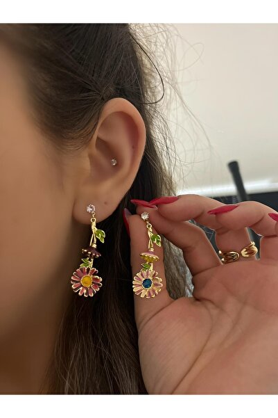 MyladyAccessoriess Renkli Sallantı Detay Premium Papatya Küpe Çok Renkli