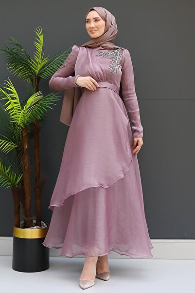 giz astore Taşlı Organze Abiye Açık Gül Kurusu