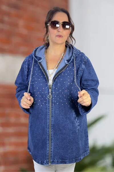 yagmurberen Hooded Denim Jeans Jacket in Extra Battal Large Size with Stone Embellishment Detail.