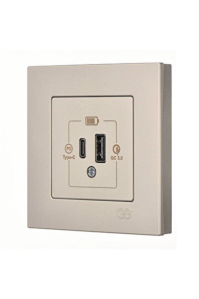 Günsan Elektrik Günsan Eqona Metalik Bej Şarj Prizi 20W QC3.0 PD Type-C + USB Çift Çıkışlı