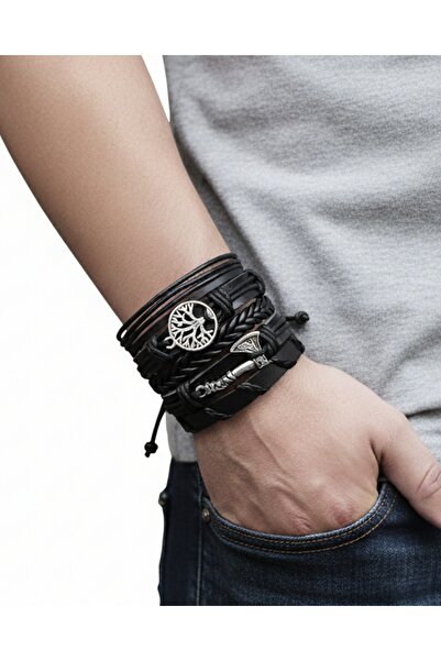 BSN 5Pcs Viking Axe Tree of Life Symbol Genuine Leather Bracelet