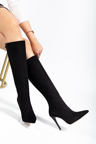 serkanseyyid LS-226 Μαύρο σουέτ με φερμουάρ ελαστικά λεπτά ψηλοτάκουνα γυναικεία μποτάκια