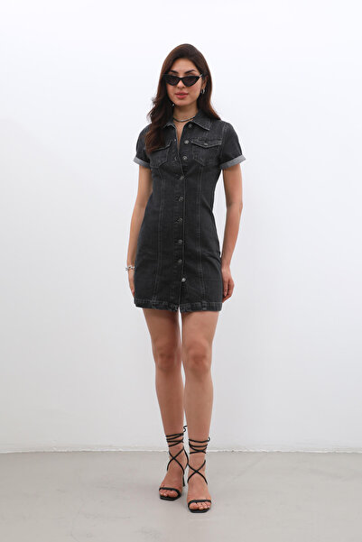 BANNY JEANS Rochie de jeans cu mânecă scurtă, cu nasturi în față, neagră