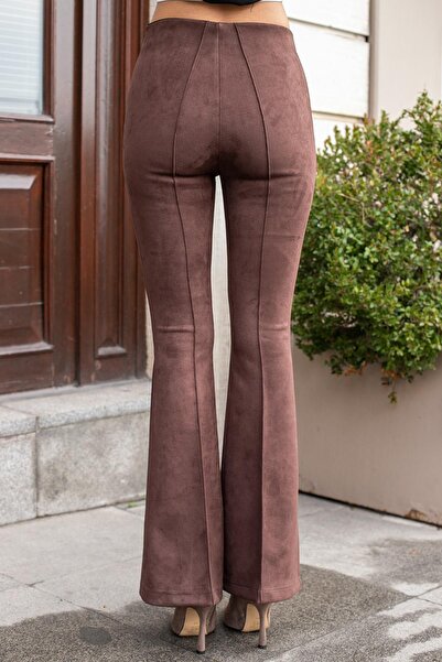 Jument Παντελόνι από ύφασμα σουέτ ελαστικό ύφασμα με ψηλή μέση μπροστά και πίσω ραμμένο με ισοπεδωτό πόδι (τζάκετ 30071)-Καφέ