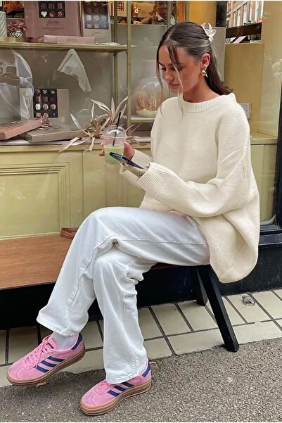 FLEX FASHION Women's Cream Oversize Knitwear Sweater - Soft Textured Crew Neck