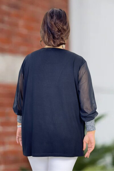 yagmurberen Silvery Sleeves on the Neck and Sleeves Chiffon Mini Slit V-Neck Plus Size Blouse