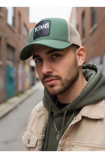 Trucker قبعة شبكية مطرزة قابلة للاستبدال من King Black باللون الأخضر الكريمي
