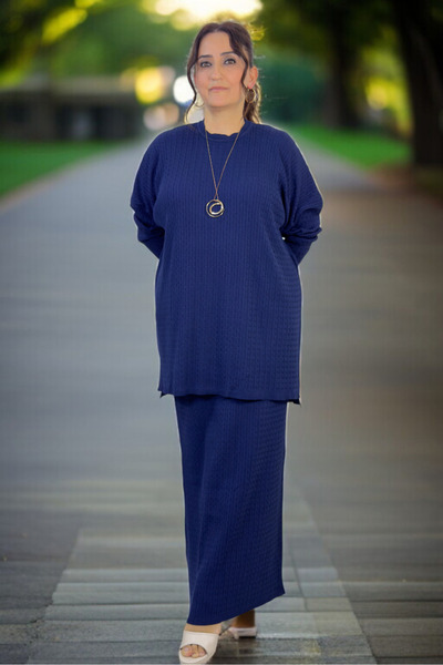 yagmurberen Hair Braiding Pattern Circular Necklace Long Sleeve Blouse Elastic Waist Skirt Plus Size Mercerized Double Set