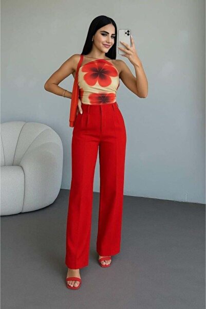 novafems Women's High Waist Pleat Detail Wide Leg Trousers