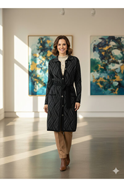 Oppland Women's Smoked Winter Motif Buttoned Pocket Casual Cut Lycra Wool Woven Mother Cardigan