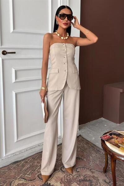 NUVIRAA Strapless Bustier with Plazzo Pants Striped Suit 10151
