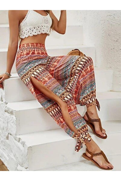 Butik Women's High Waisted Patterned Wrinkle Pants with Side Slit Detail