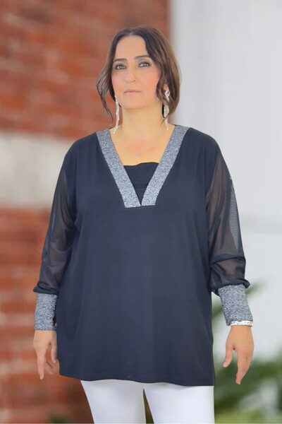 yagmurberen Silvery Sleeves on the Neck and Sleeves Chiffon Mini Slit V-Neck Plus Size Blouse