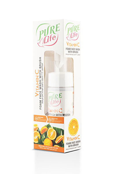 Pure Life Cosmetics غسول الوجه الرغوي بفيتامين سي من بيور لايف مع فرشاة سيليكون - مُشرق ومرطب، 150 مل