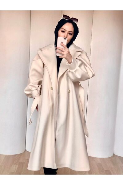 MERVEPLUME Kadın Kaşe Balon Kol Kaban Krem - Modern Tasarım, Sıcak ve Şık Kaban