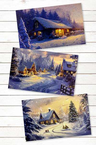 Bimotif 6lı Simli Kartpostal Seti, Yılbaşı, Kış Evleri