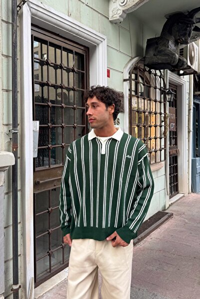 Flaw Wear Pulover din tricot cu dungi brodate la loc, verde