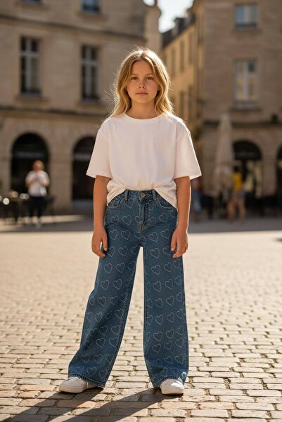 ASL GOLF CLUB Kék lányok 100% pamut szívmintás, széles szárú farmernadrág, farmer 3-14 ÉVES KOROSZTÁNYOKNAK