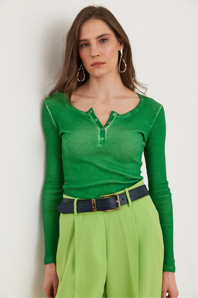 Olalook Green Placket Washed Women's Camisole Blouse - Blz- 19000588