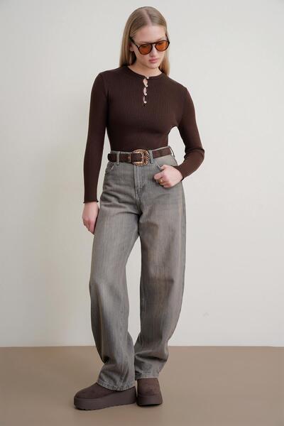 Mixray 6982 women's britli detailed soft basic sweater brown