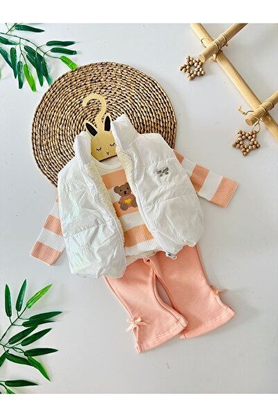 Minigimin Cicileri My Little One's Little Ones Inflatable Set with Bow Detail, Vest Set Teddy Bear Patterned Baby Girl Set of 3 - Salmon