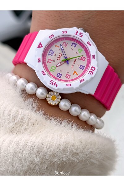 Q&Q Pink Silicone Corded 10 Bar Waterproof Girl's Wristwatch - Pool and Sea Use
