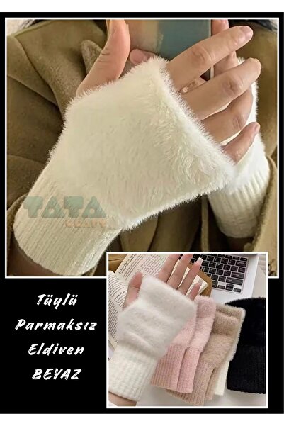 TATA CRAFT Kışlık Beyaz Kürklü Parmaksız Eldiven Tarz Kadın ve Erkekler için ...