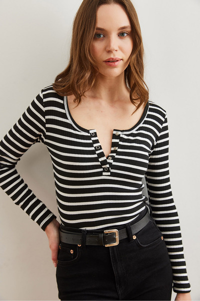 Olalook Black and White Placket Long Camisole Women's Blouse - Blz- 19000588