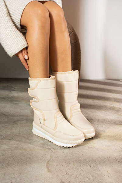 Nstil Beige Women's Snow Boots - Casual, Furry Inside, Velcro Non-Slip Sole, Model 802