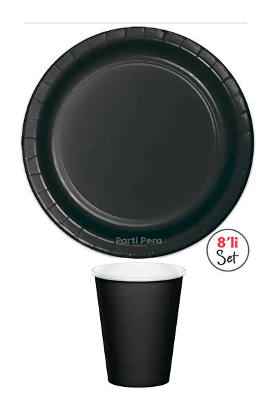 parti pera Kullan At Siyah Karton Tabak Bardak Set 8'li Paket
