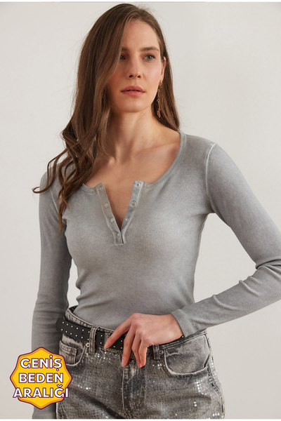 Olalook Gray Washed Placket Camisole Women's Blouse - Blz- 19000588