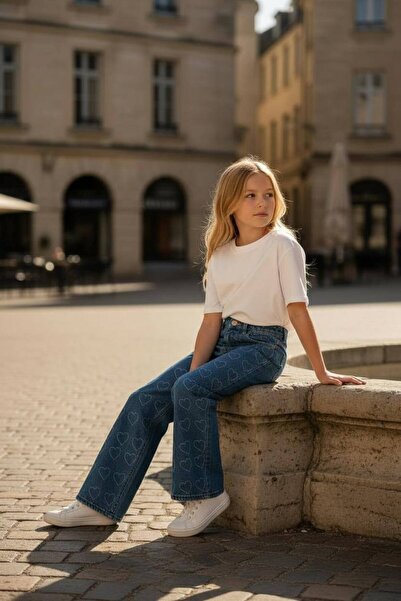 ASL GOLF CLUB Kék lányok 100% pamut szívmintás, széles szárú farmernadrág, farmer 3-14 ÉVES KOROSZTÁNYOKNAK