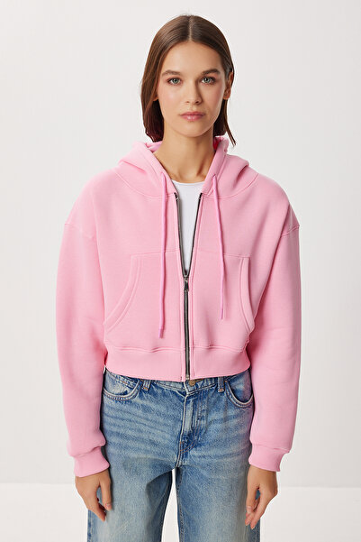 Lovelyİstanbul Πλεκτό φούτερ με κουκούλα και φερμουάρ LPX0004 ΡΟΖ