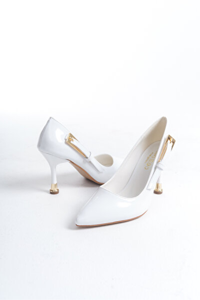 MARSEDO Piele lacuită albă - Pantofi stiletto pentru femei cu vârf ascuțit și detaliu cu cataramă