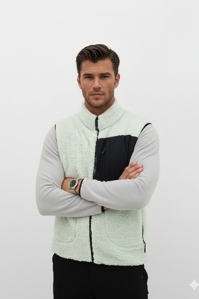 OXVİN Softshell Plush Vest Wool Lamb Welsoft Bone Zippered Pocket Detail (Full Size)