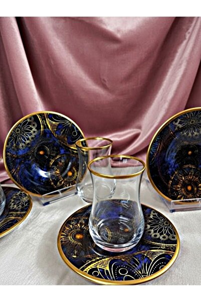 DECOSTYLE 12 Piece Patterned Matte Gold Tea Set with Ceramic Plate