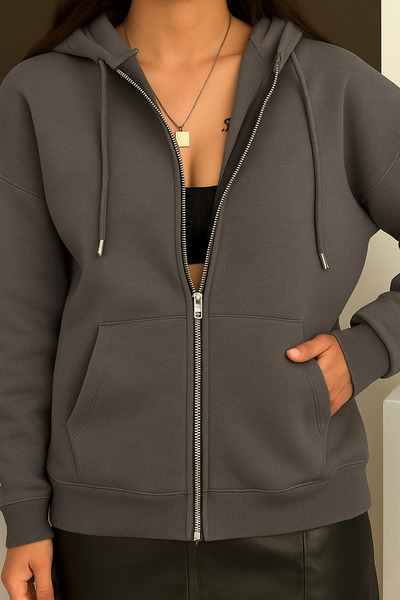 Mogi Butik Women's 3 Thread Fleece Lined Hooded Oversize Sweat Cardigan 3095