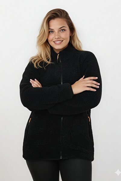 OXVİN Women's Softshell Wool Plush Fur Lamb Welsoft Jacket with Bone Zipper and 3 Pockets Detail (Full Size)