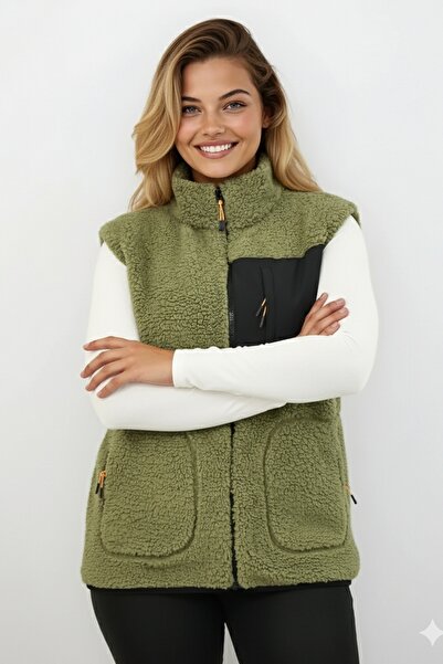 OXVİN Women's Softshell Furry Plush Vest Wool Lamb Welsoft Bone Zipper Pocket Detail (Full Size)