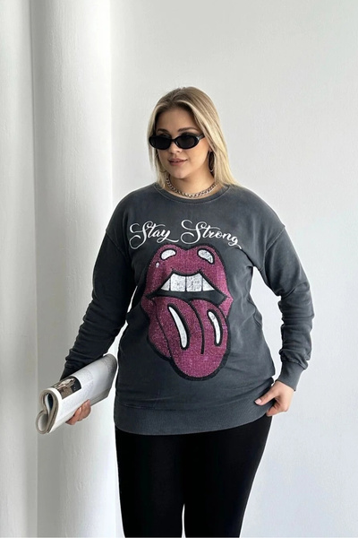 Stil Diva Crew Neck Printed WashaBle Sweatshirt - Sequin Detailed, Large Size 301252