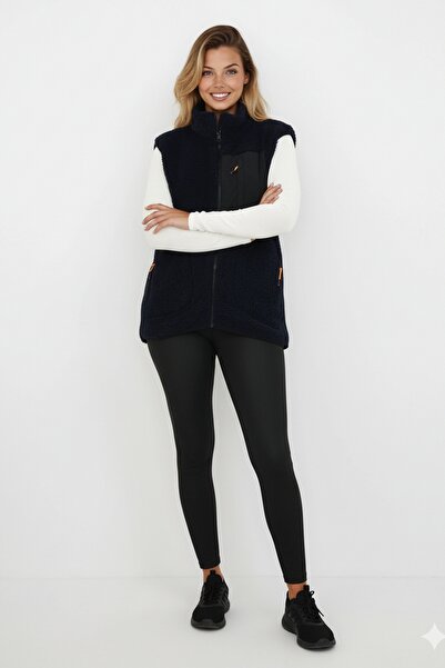 OXVİN Women's Softshell Furry Plush Vest Wool Lamb Welsoft Bone Zipper Pocket Detail (Full Size)