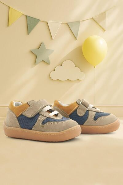 Rakerplus Bob Genuine Leather Sand Color Barefoot Velcro Elastic Baby Sneaker Shoes