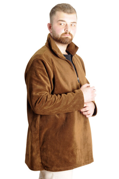 ModeXL Mode XL Ανδρικός ιδρώτας polo γιακάς με μισό φερμουάρ Polar 22548 καφέ