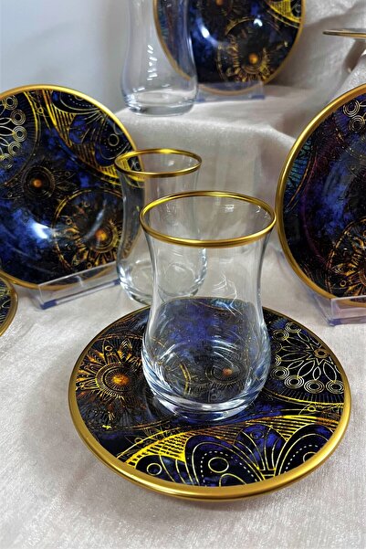 DECOSTYLE 12 Piece Patterned Matte Gold Tea Set with Ceramic Plate